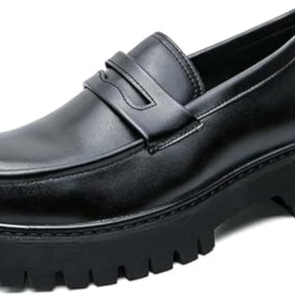 Men's Leather Platform Chunky Slip On Penny Loafers Classic Round Toe Lug Sole Business Casual Formal Work Shoes